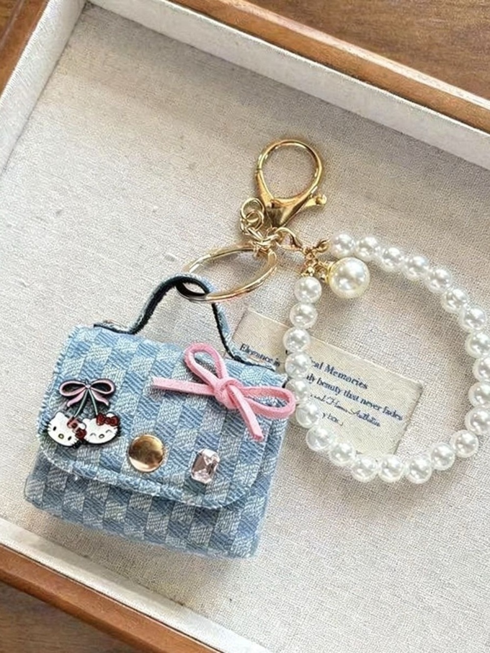 Blue Check Mini Purse Keychain with Pearl Bracelet Charm
